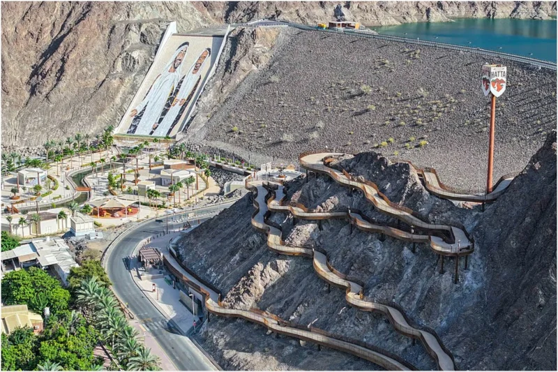 Aerial view of the Hatta transformation project and new developments in the Dubai mountain region