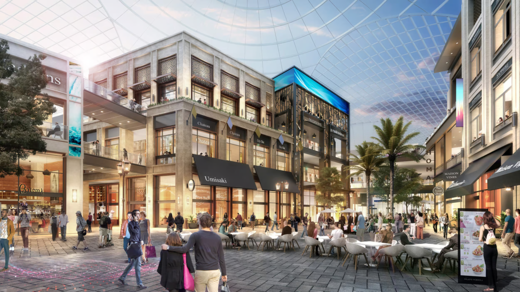 A futuristic view of Dubai Square Mall with EV facilities at Dubai Creek Harbour