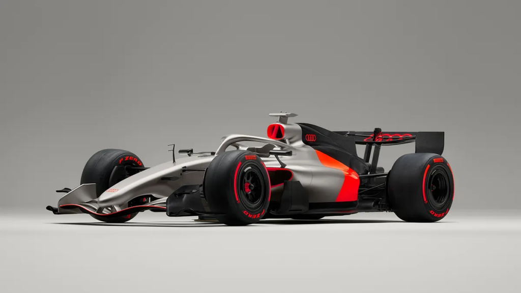 Audi R26 Concept Formula 1 car in titanium grey, carbon black and Audi red livery
