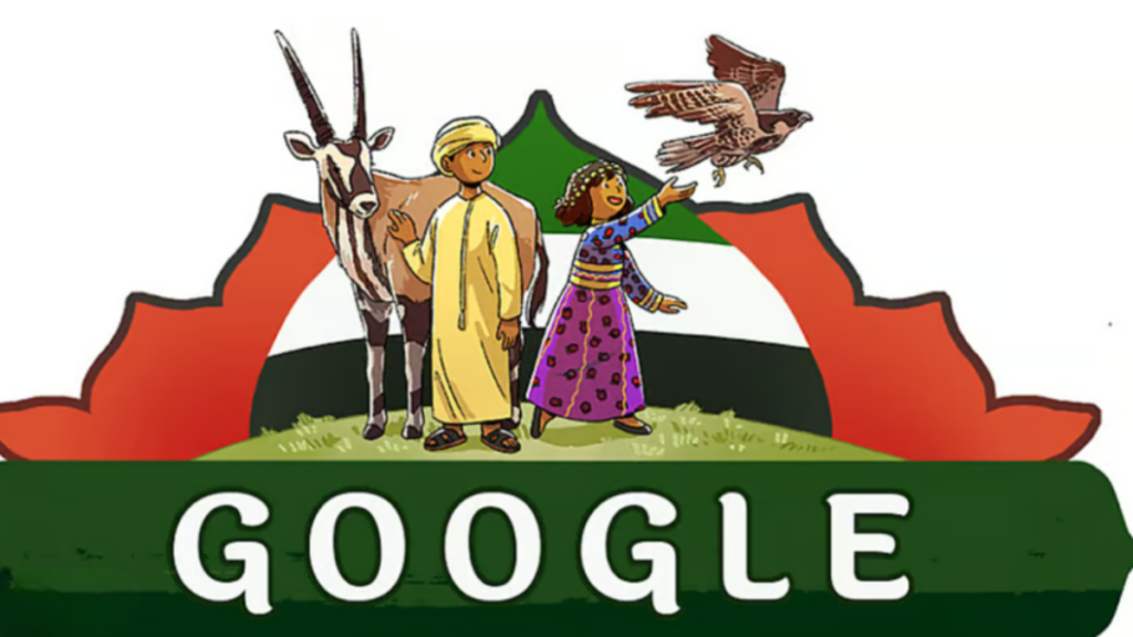 Google Doodle celebrating UAE 54th National Day with UAE flag colours