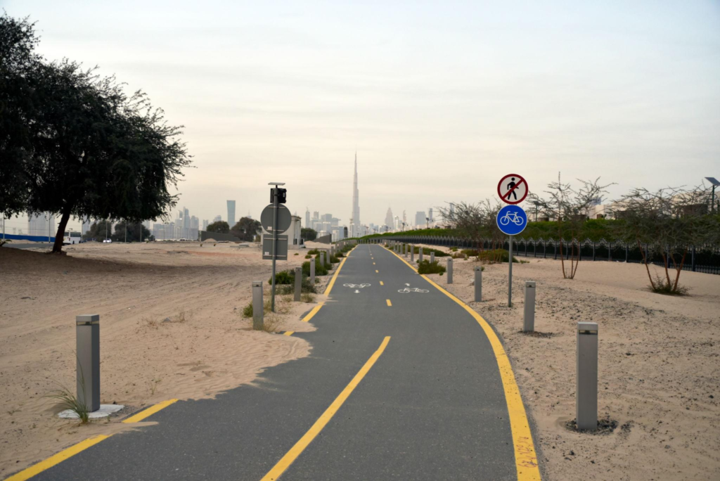 Dubai skyline from Nad Al Sheba bicycle track road