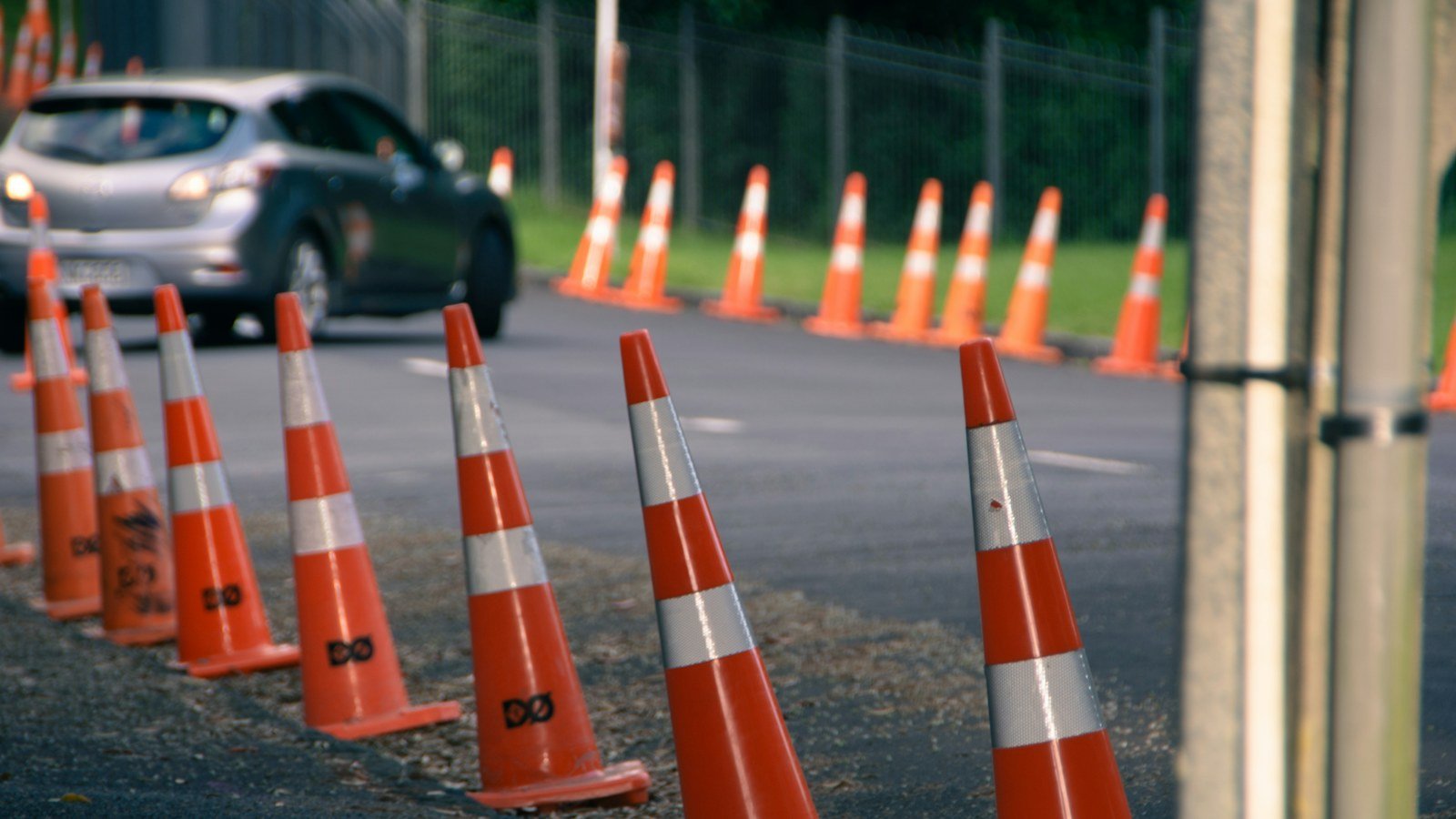 Traffic cones lining a lane closure, Dubai road closures
