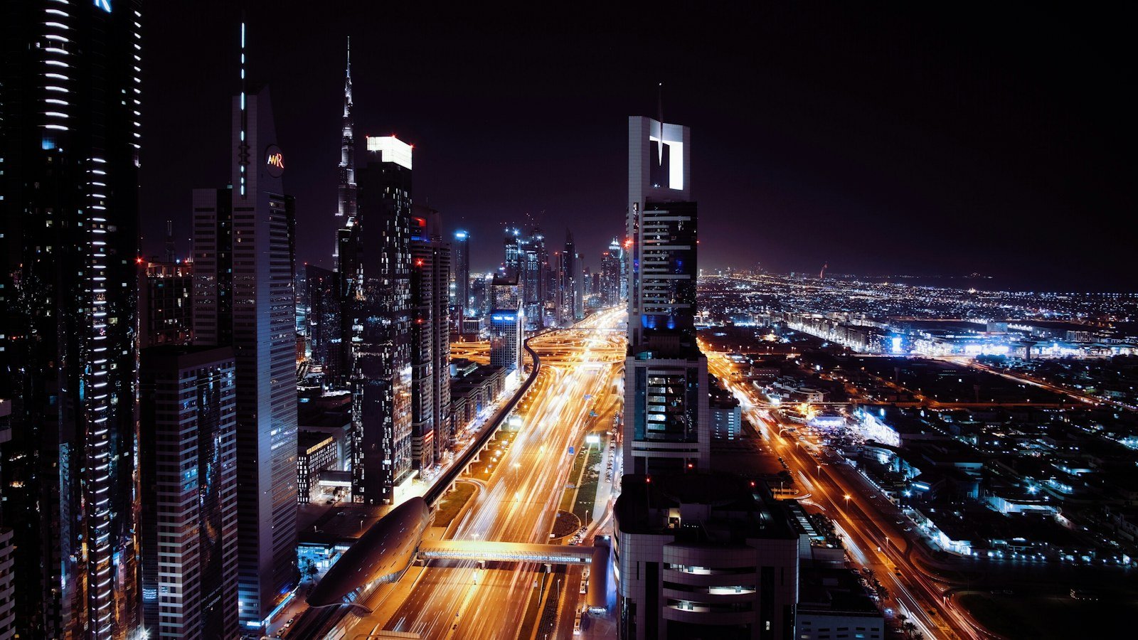 Sheikh Zayed Road traffic at night in Dubai, home to several Salik gates